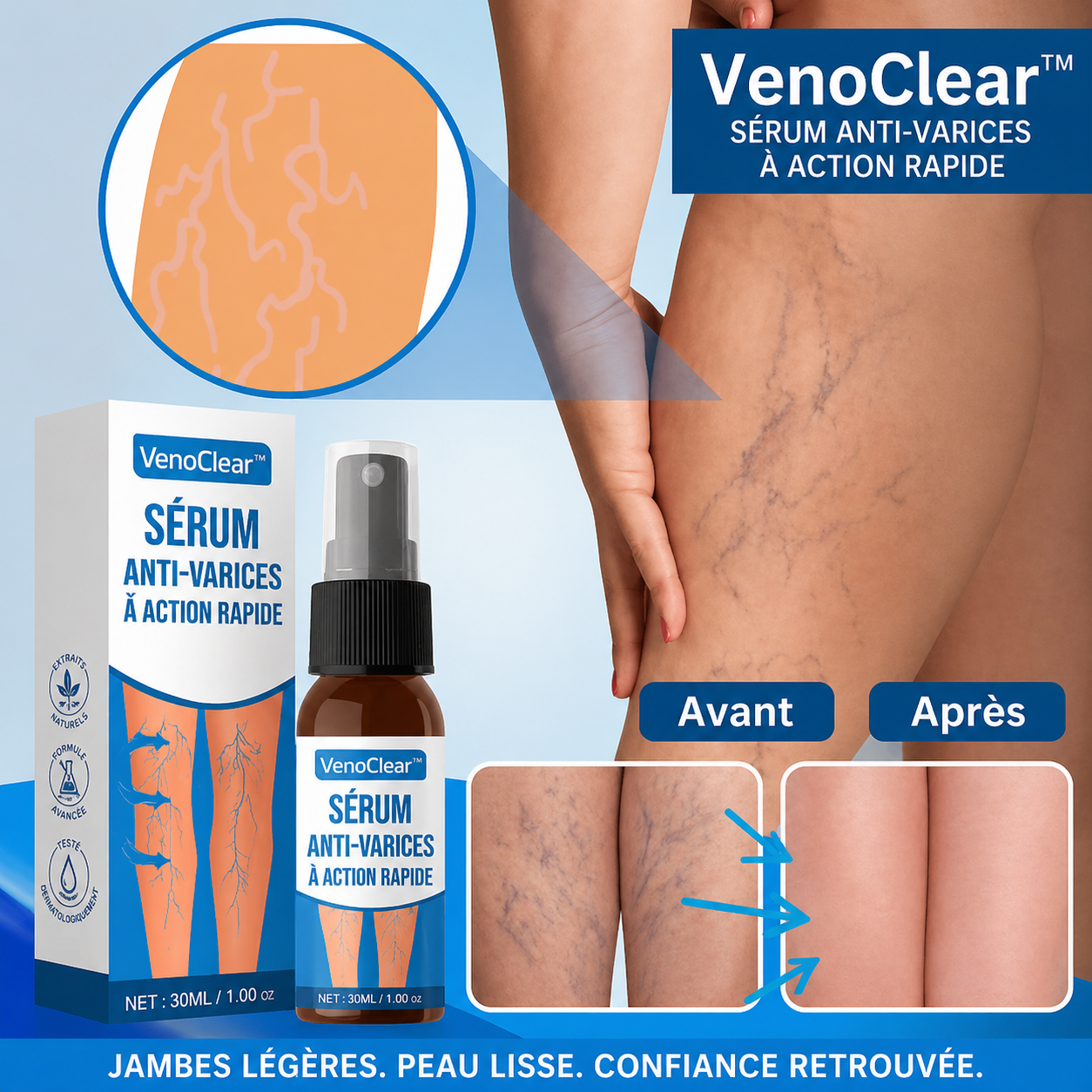 VenoClear™ Sérum Anti-Varices à Action Rapide | Élimine 95% des varices visibles en 4 jours !