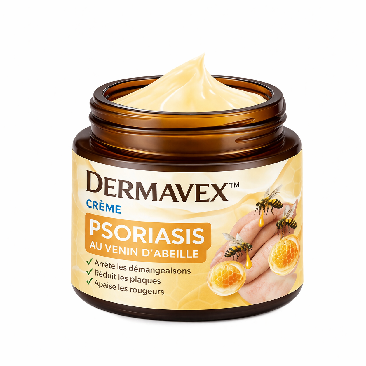 Dermavex™ Crème Psoriasis au Venin d’Abeille | Éliminez plaques, démangeaisons et rougeurs en quelques minutes !