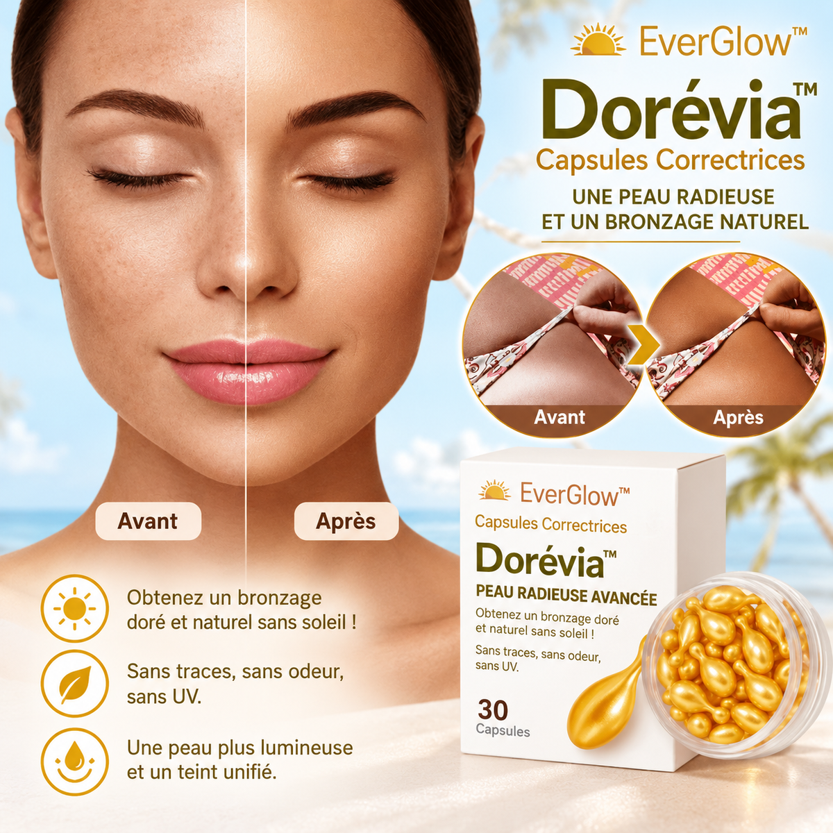 Dorévia™ Capsules Bronzage Naturel | Obtenez un bronzage doré et uniforme en seulement 5 jours !