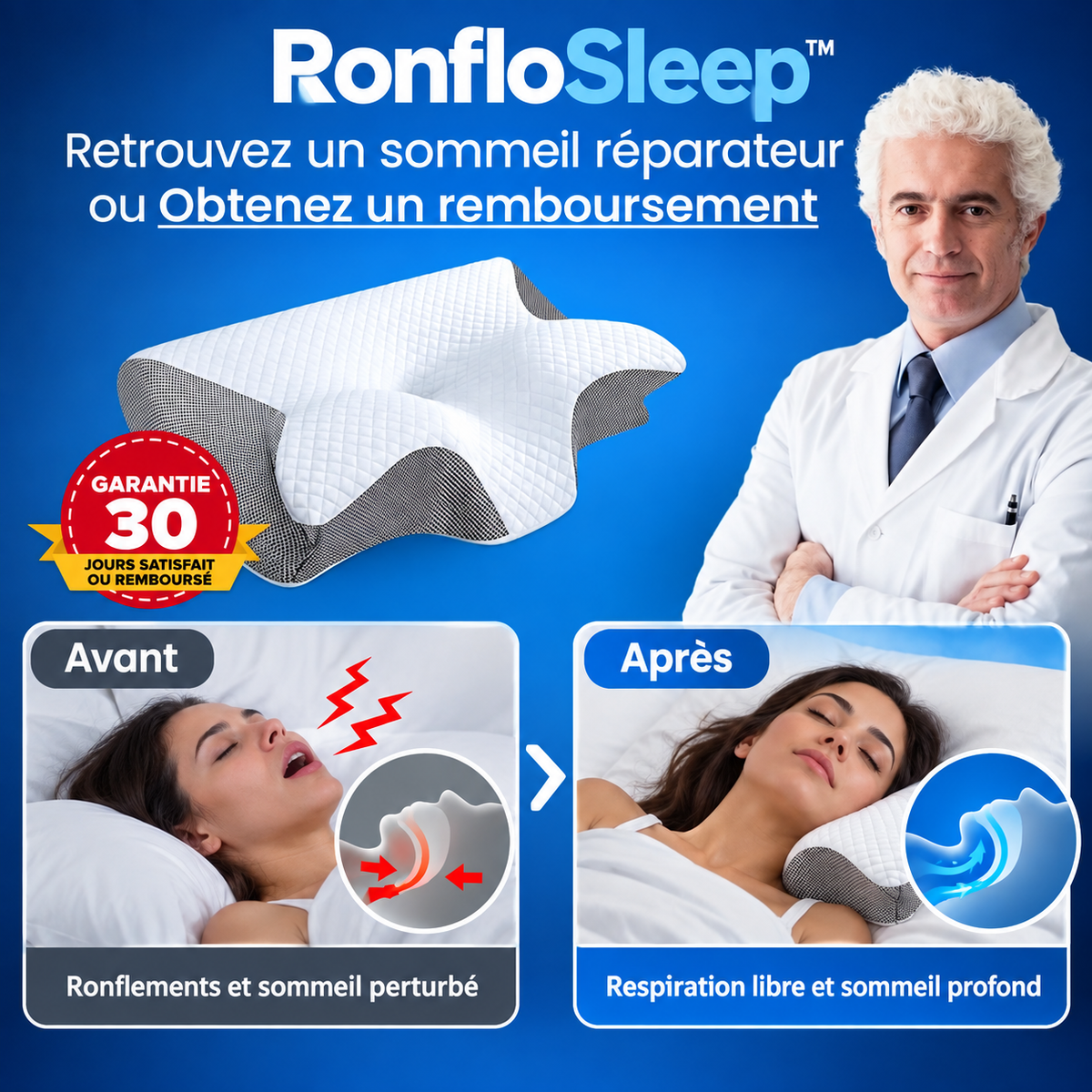 RonfloSleep™ Oreiller Orthopédique 4-en-1 | Alignez votre nuque, réduisez les ronflements et dormez profondément dès la première nuit !