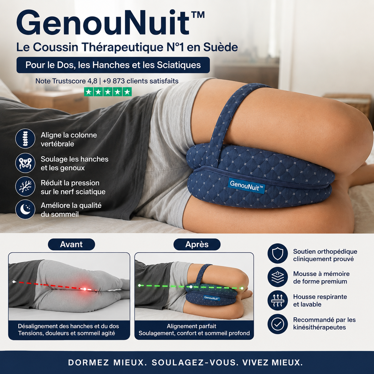 GenouNuit™ Oreiller Ergonomique Genoux | Alignez vos jambes et soulagez vos douleurs de dos, hanches et sciatique dès la première nuit !