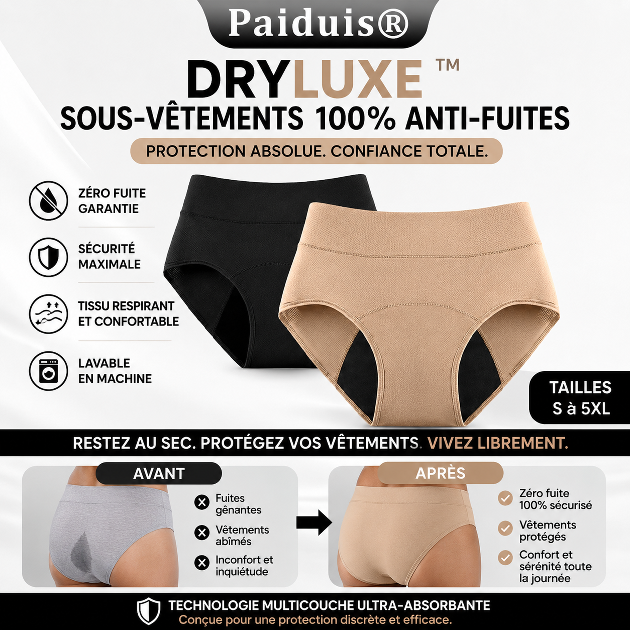 DryLuxe™ Culotte Anti-Fuite Invisible | Stoppez les fuites urinaires et restez au sec toute la journée !