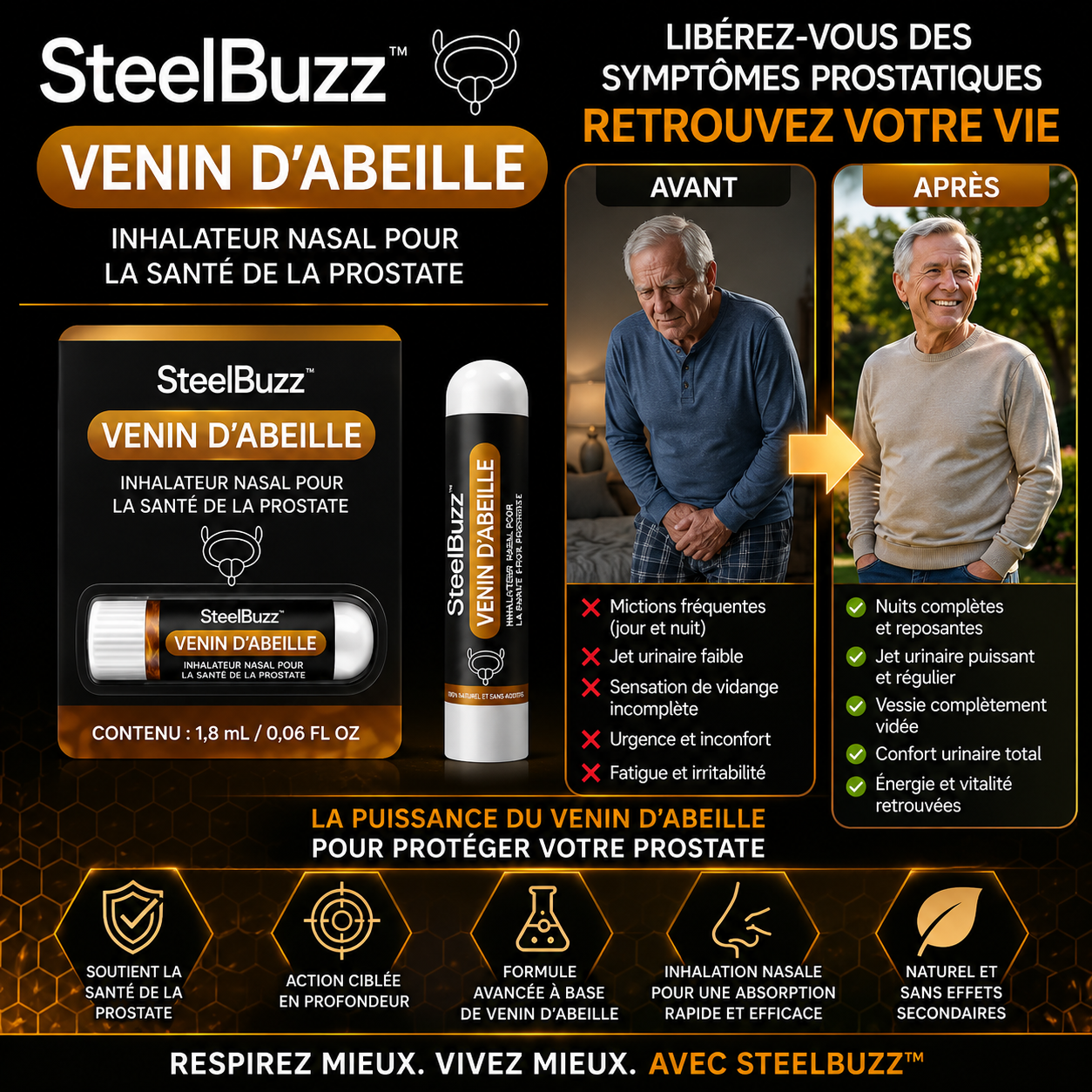 SteelBuzz™ Inhalateur au Venin d’Abeille | Obtenez une érection dure comme l’acier en quelques minutes !