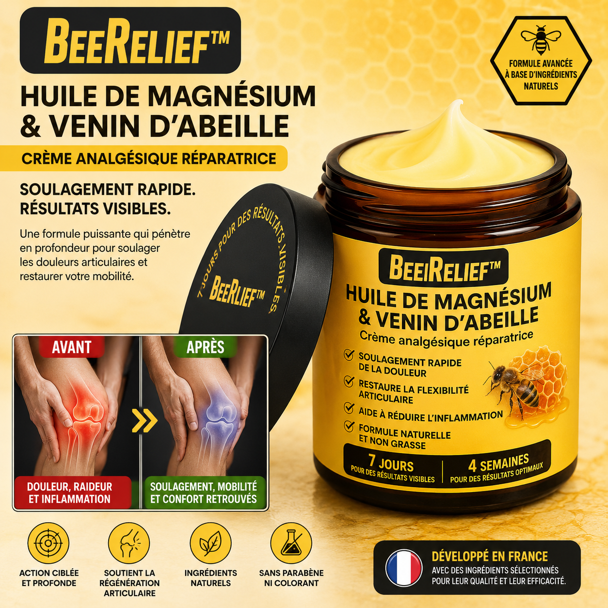BeeRelief™ Crème Anti-douleur au Magnésium et au Venin d'Abeille | Supprime vos douleurs articulaires en un instant !