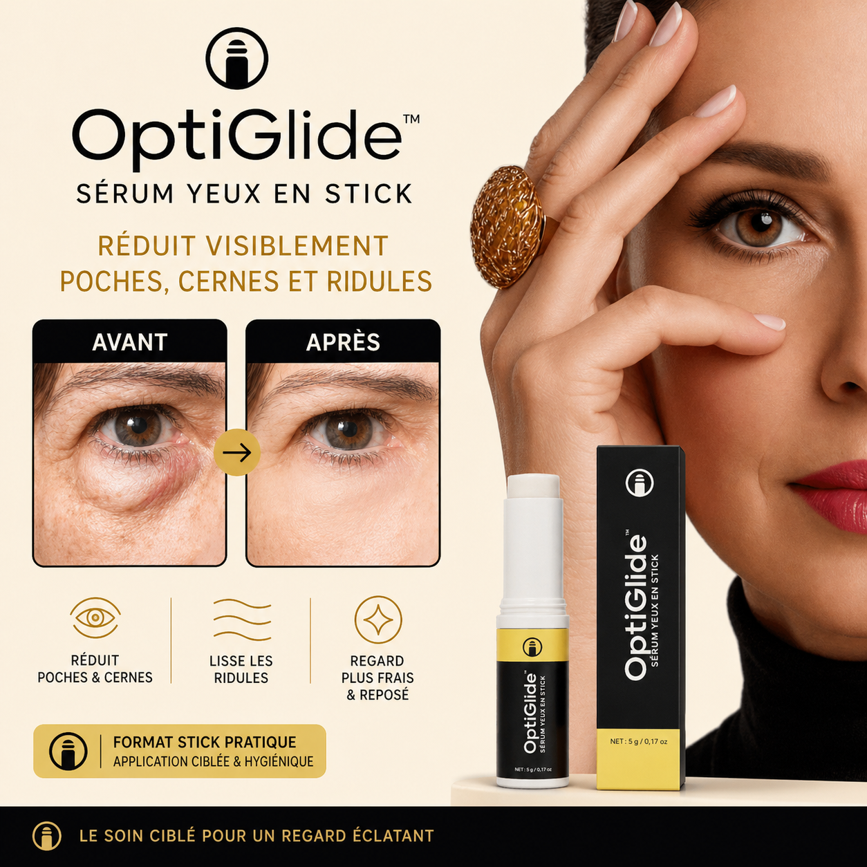 OptiGlide™ Sérum Yeux en Stick | Effacez 97% de vos poches et rides en 24 heures chrono !