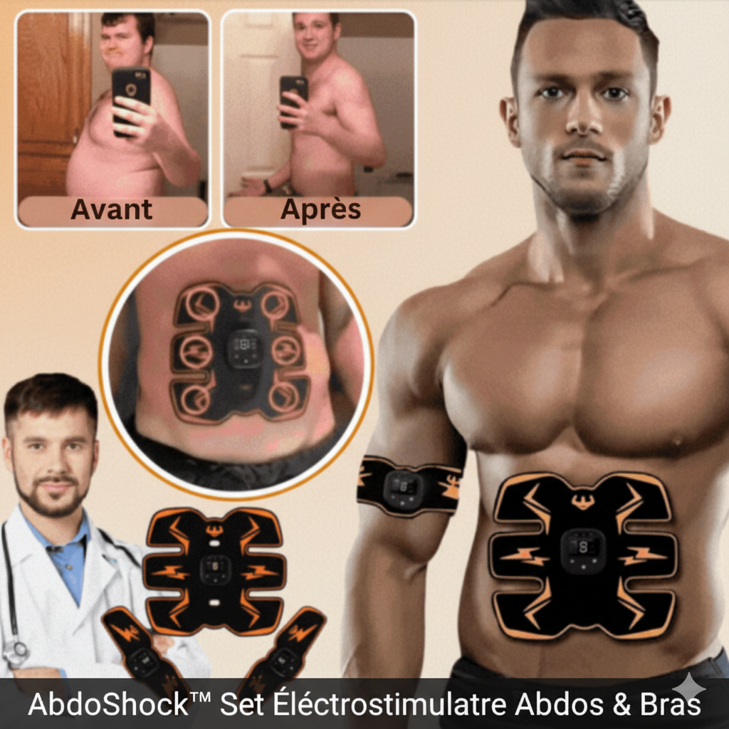 AbdoShock™ Set Électrostimulateur Abdos & Bras | Fait fondre vos poignées d’amour et sculpte vos muscles 10 fois plus vite – sans transpirer!